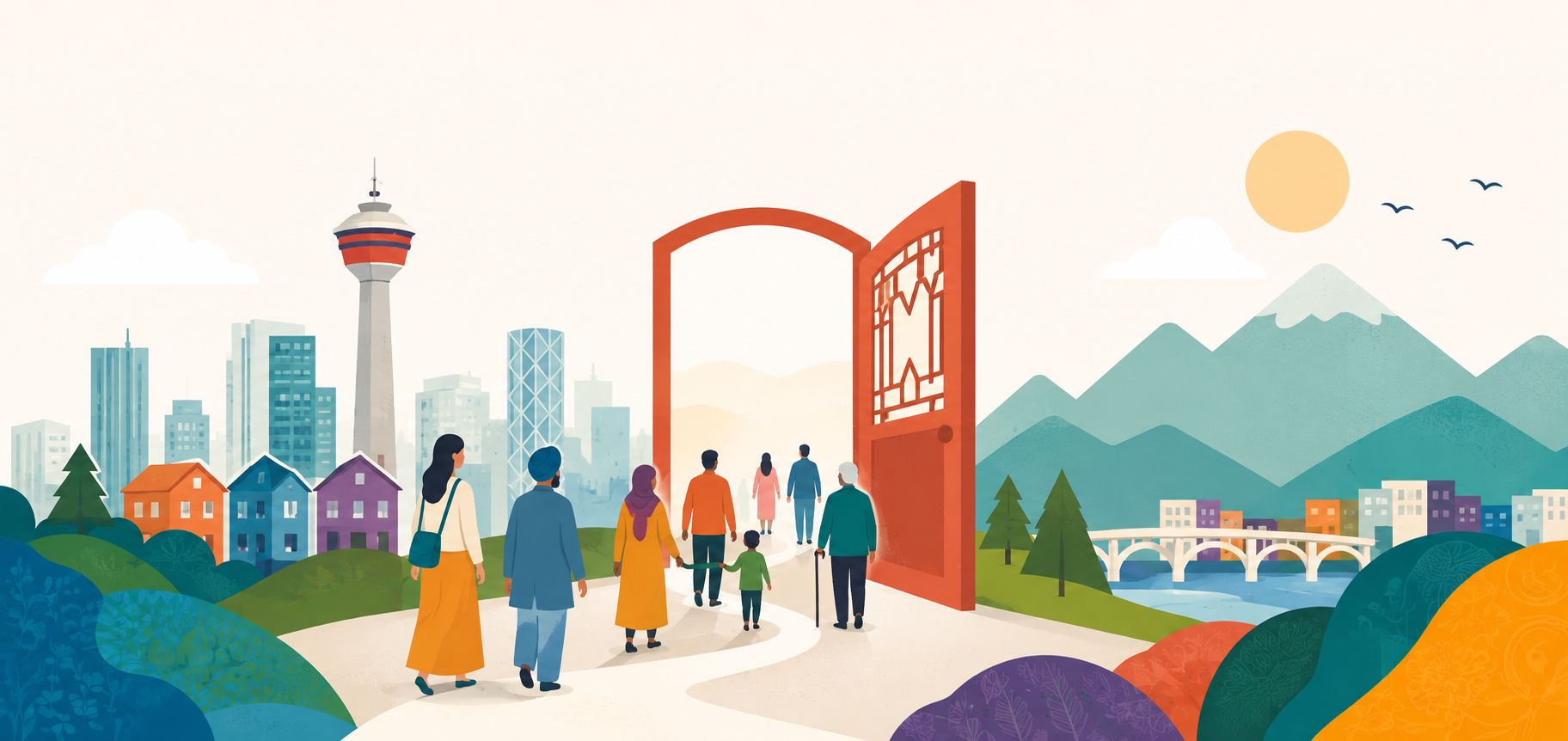 Illustration of Calgary newcomers walking through an open door toward the city skyline